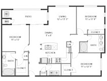 3 bed 2 bath Floor Plan | 1,375 Sq. Ft. at The Kitt at Warner Center Apartments, Woodland Hills, CA