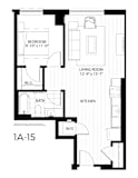 A floor plan of an apartment with a bedroom, living room, kitchen, bathroom, and a workspace.