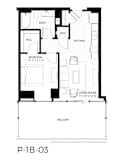A black and white image of a floor plan for a one bedroom apartment.