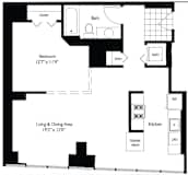 1 Bed 1 Bath Floor Plan | 805 Sq. Ff. at Shoreham and Tides, Chicago Illinois