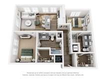 A 3D floor plan of a house with a living room, kitchen, and bathroom.