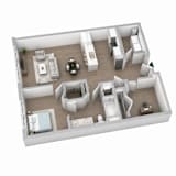 A 3D floor plan of a house with a kitchen, living room, dining room, and bathroom.