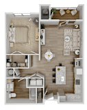 A bird's eye view of the Abigail floor plan featuring bedrooms, kitchen, living, and dining areas.