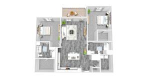 A floor plan of a house with a kitchen, living room, dining room, and bathroom.