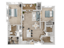 A bird's eye view of the Eleanor floor plan featuring bedrooms, kitchen, living, and dining areas.