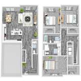 A floor plan of a two-story house with a kitchen, living room, and bedrooms.
