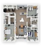 A top-down view of a small, well-organized apartment with a kitchen, living room, and bedroom.