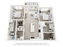 3-D Floor Plan of a two-bedroom, two-bathroom apartment at Cavala Apartments in Orange Beach, AL