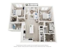 3-D Floor Plan of a two-bedroom, two-bathroom apartment at Cavala Apartments in Orange Beach, AL