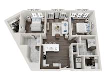 3D floor plan with two bedrooms and central living area at 2020 Providence Apartments, Huntsville, AL 35806