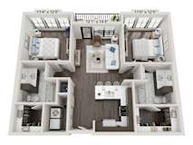 3D floor plan with two bedrooms and kitchen island at 2020 Providence Apartments, Huntsville, AL