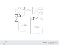 A floor plan of a one bedroom apartment with a living area, kitchen, bathroom and laundry room.