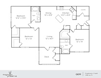 A floor plan of a home with three bedrooms, two bathrooms, a living room, dining room, kitchen, and laundry area.
