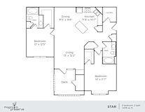 A floor plan of a two bedroom, two bath apartment with a living room, dining room, kitchen, and deck.
