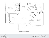 A floor plan of a home with three bedrooms, a living room, a dining room, a kitchen, a laundry room, and a sunroom.