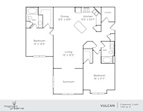 A floor plan of a two bedroom, two bathroom apartment.