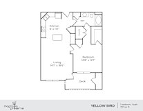 A floor plan of a one bedroom, one bath apartment with a kitchen, living room and deck.
