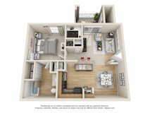 A 3D floor plan of a house with a kitchen, living room, and bedrooms.