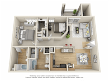 A 3D floor plan of a house with multiple rooms and furniture.