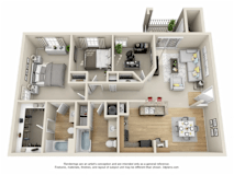 A 3D floor plan of a house with a kitchen, living room, and bedrooms.