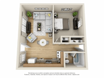 A 3D floor plan of a small apartment with a kitchen, living room, and bedroom.