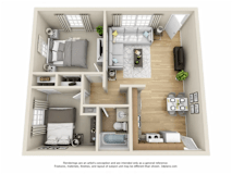 A 3D floor plan of a small apartment with a kitchen, living room, and bathroom.