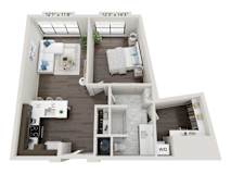 One bedroom 3D floor plan with open kitchen at 2020 Providence Apartments, Alabama, 35806