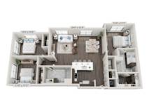 3D floor plan with three bedrooms and two bathrooms at 2020 Providence Apartments, Huntsville, AL