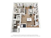 A 3D floor plan of a small apartment with a kitchen, living room, and bathroom.
