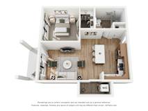 A 3D floor plan of a house with a kitchen, living room, and bathroom.