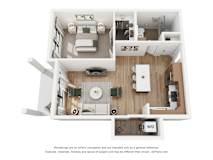 A 3D floor plan of a house with a kitchen, living room, and bathroom.