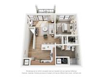A 3D floor plan of a house with a kitchen, living room, and bathroom.
