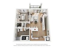 A 3D floor plan of a house with a kitchen, living room, and bathroom.