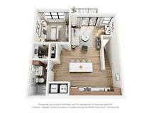 A 3D floor plan of a house with a kitchen, living room, and bathroom.
