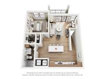 A 3D floor plan of a house with a kitchen, living room, and bathroom.