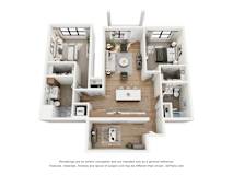 A 3D floor plan of a house with a kitchen, living room, and two bedrooms.