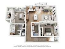 A 3D floor plan of a house with two bedrooms, a living room, a kitchen, and a bathroom.