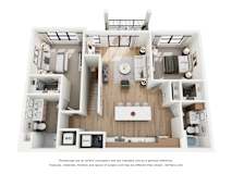 A 3D floor plan of a house with a kitchen, living room, and two bedrooms.