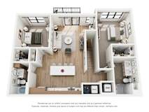 A 3D floor plan of a house with a kitchen, living room, and bathroom.