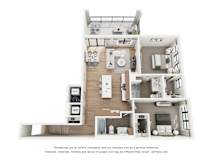 A 3D floor plan of a house with a kitchen, living room, and bedrooms.