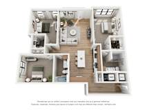 A 3D floor plan of a house with a kitchen, living room, and bathroom.