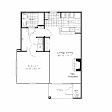 A floor plan of a small apartment with a living room, bedroom, and bathroom.