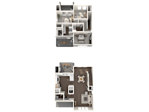 Two floor plans of a house with a kitchen, living room, and bedrooms.