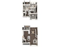 Two images of a house layout with a kitchen, living room, and bedrooms.