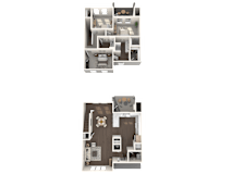 Two images of a dollhouse living room with furniture.