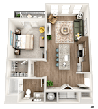 A 3D floor plan of a house showing a living room, kitchen, and two bedrooms.