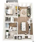 A 3D floor plan of a small apartment with a kitchen, living room, and bathroom.