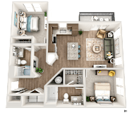 A detailed 3D floor plan of a two-bedroom apartment.