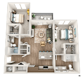 A detailed 3D floor plan of a two-bedroom apartment.