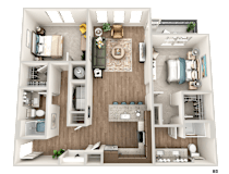 A detailed 3D floor plan of apartment B3 with various rooms and furniture.